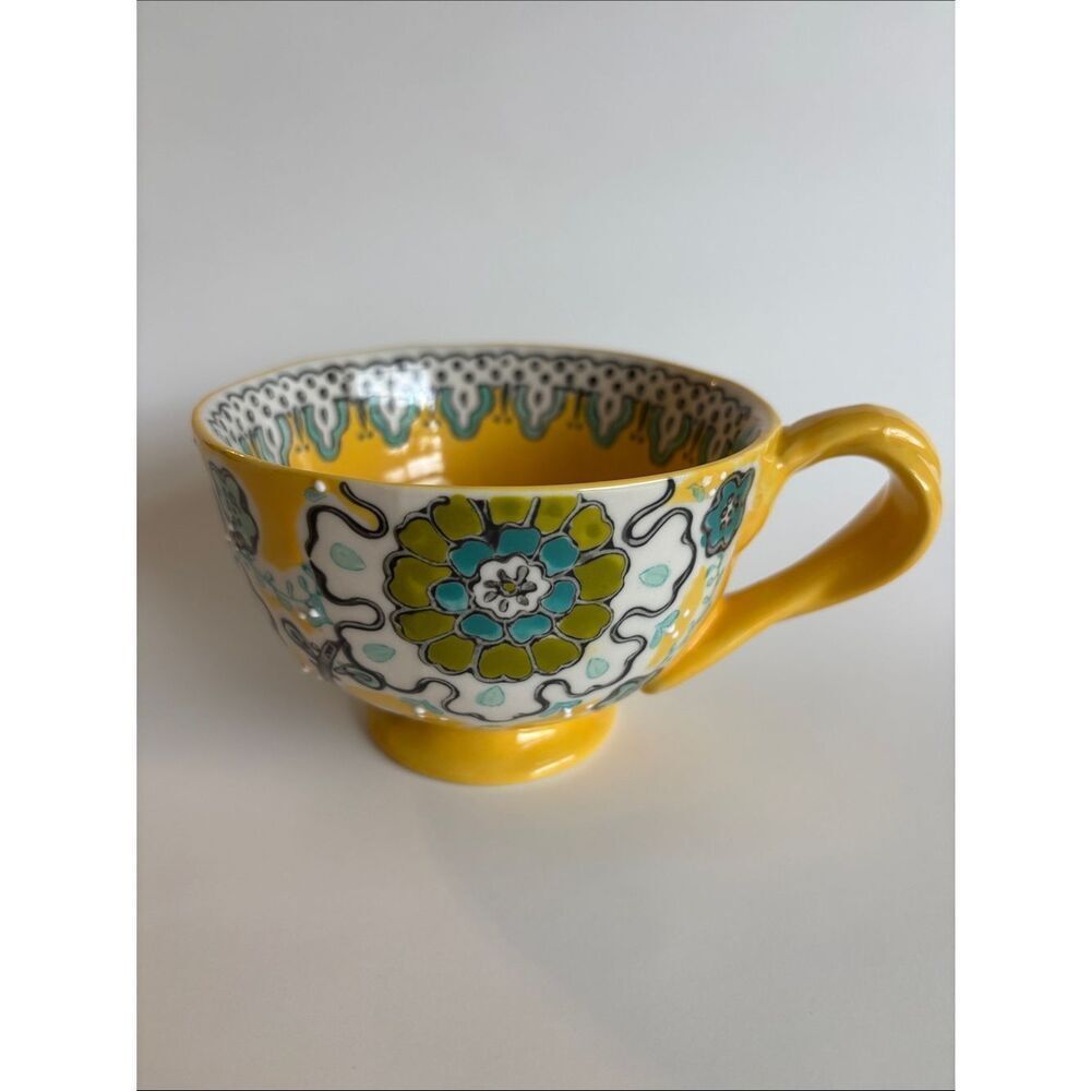 Anthropologie Elka Ayaka Yellow Floral Twisted Handle Footed Pedestal Mug
